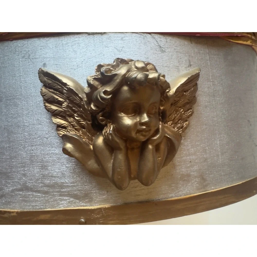 Vintage Silver Wood Basket Gold Cherub Angel Relief Christmas Decor Victorian
